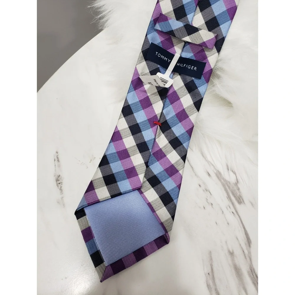 NEW EXTRA LONG Tommy Hilfiger Mens 100% Silk Tie PLAID PURPLE CHECKERED GRAY
